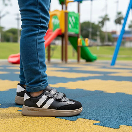 Günlük Unisex Çocuk Şeritli Siyah Beyaz Işıklı Sneaker Cırtlı Hafif Rahat Spor Ayakkabı