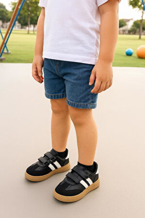 Günlük Unisex Çocuk Şeritli Siyah Beyaz Işıklı Sneaker Cırtlı Hafif Rahat Spor Ayakkabı