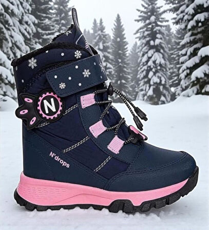 Kız Çocuk Suya Ve Soğuk Havaya Dayanıklı Kaymaz Taban Cırtlı Lacivert Pembe Kar Botu 