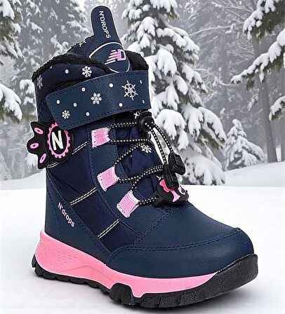 Kız Çocuk Suya Ve Soğuk Havaya Dayanıklı Kaymaz Taban Cırtlı Lacivert Pembe Kar Botu 