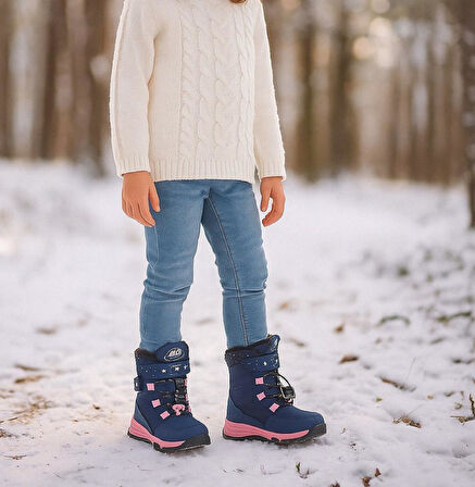 Kız Çocuk Suya Ve Soğuk Havaya Dayanıklı Kaymaz Taban Cırtlı Lacivert Pembe Kar Botu 