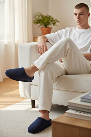 Erkek Lacivert Ev Terliği Ses Yapmayan Yumuşak Rahat Taban İçi Yünlü Terlik