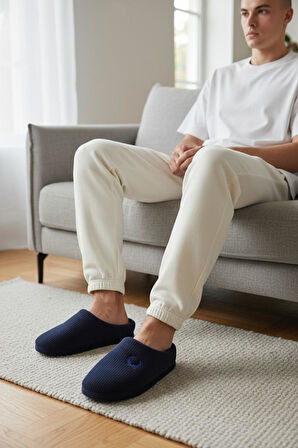 Erkek Lacivert Ev Terliği Ses Yapmayan Yumuşak Rahat Taban İçi Yünlü Terlik