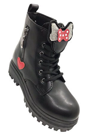 Kız Çocuk Suya Soğuk Havaya Dayanıklı Minnie Figürlü Kışlık Siyah Rugan Bot Ayakkabı 