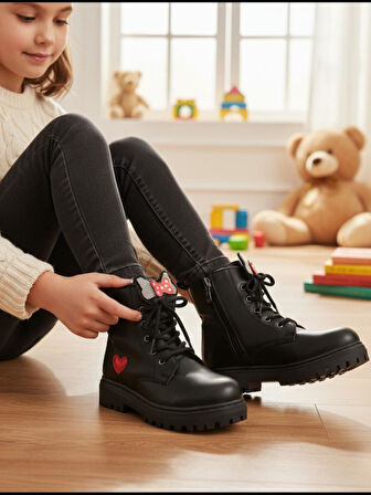 Kız Çocuk Suya Soğuk Havaya Dayanıklı Minnie Figürlü Kışlık Siyah Rugan Bot Ayakkabı 