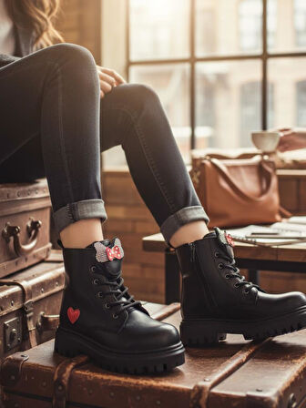 Kız Çocuk Suya Soğuk Havaya Dayanıklı Minnie Figürlü Kışlık Siyah Rugan Bot Ayakkabı 