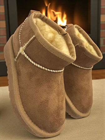 Kız Çocuk Taba Kalın Poli Taban İçi Kürklü Süet Görünümlü Mini Bot