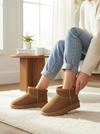 Kız Çocuk Taba Kalın Poli Taban İçi Kürklü Süet Görünümlü Mini Bot