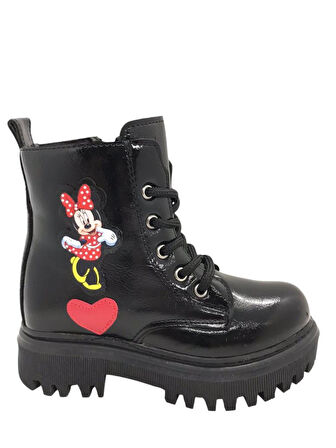 Kız Çocuk Suya Soğuk Havaya Dayanıklı Minnie Figürlü Kışlık Siyah Rugan Bot Ayakkabı 