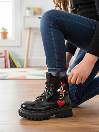 Kız Çocuk Suya Soğuk Havaya Dayanıklı Minnie Figürlü Kışlık Siyah Rugan Bot Ayakkabı 