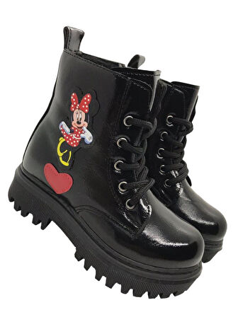 Kız Çocuk Suya Soğuk Havaya Dayanıklı Minnie Figürlü Kışlık Siyah Rugan Bot Ayakkabı 