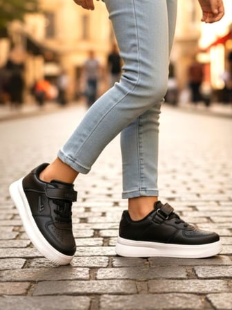 Unisex Çocuk Siyah / Beyaz Fınster Spor Ayakkabı Cırtlı Hafif Taban Rahat Sneaker