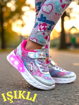 Kız Çocuk Işıklı Fuspetli Hafif Rahat Yumuşak Taban Pembe&Pudra Spor Ayakkabı  Sneaker