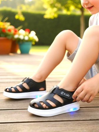 Işıklı Cırt Cırtlı Çocuk Siyah Yumuşak Ortopedik Taban Spor Sandalet Terlik