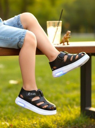 Işıklı Cırt Cırtlı Çocuk Siyah Yumuşak Ortopedik Taban Spor Sandalet Terlik