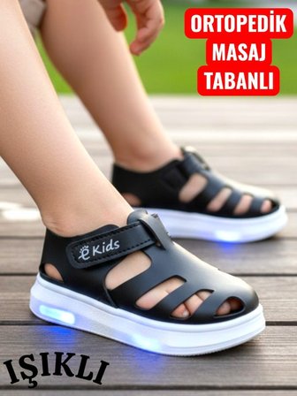 Işıklı Cırt Cırtlı Çocuk Siyah Yumuşak Ortopedik Taban Spor Sandalet Terlik