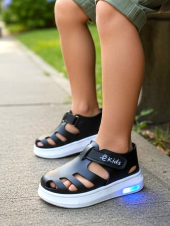Işıklı Cırt Cırtlı Çocuk Siyah Yumuşak Ortopedik Taban Spor Sandalet Terlik