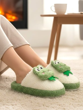 Kadın Kurbağa Figürlü Sessiz Taban Peluş Ev Terliği