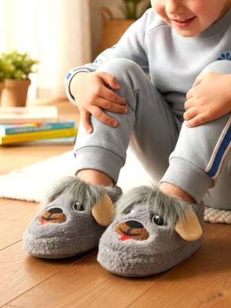 Erkek Çocuk Pofuduk Yünlü Panduf Ev Anaokulu Ayakkabısı 