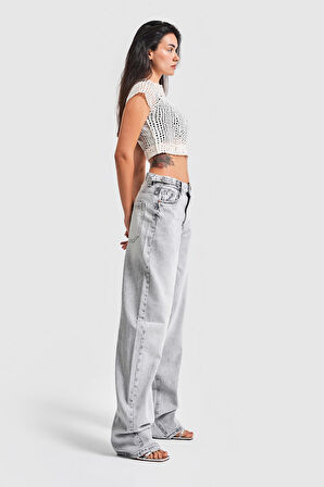 Kadın Gri Renk Baggy Fit Extra Uzun Denim Pantolon