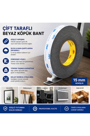 3M Scotch Çift Taraflı Bant 15 mm x 50 Metre Güçlü Yapıştırıcı Siyah Akrilik Bant EKRAN CAM KASA KAPAK TAMİR BANDI