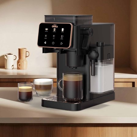 OK0047 Okka Barista Compact Otomatik Espresso Makinesi,Süt Hazneli,7Farklı İçecek,15Bar Basınç,Bakır