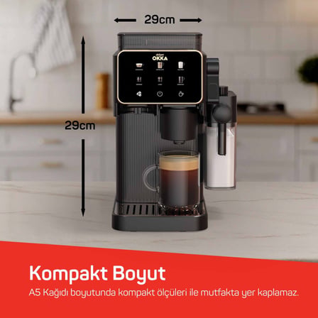 OK0047 Okka Barista Compact Otomatik Espresso Makinesi,Süt Hazneli,7Farklı İçecek,15Bar Basınç,Bakır