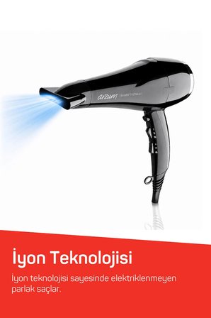 AR5007 Shiny İyonlu Saç Kurutma Makinesi, Difüzörlü Başlıklı, 2200W, Siyah