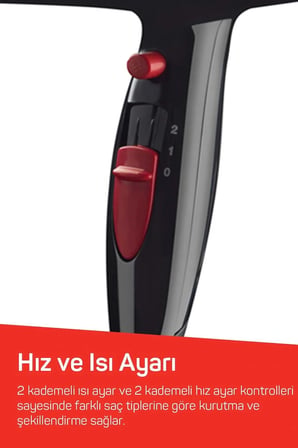 AR569 Linda Saç Kurutma Makinesi 2 Hız Ayarı, Soğuk Hava ve Difüzör, 2000W, Siyah