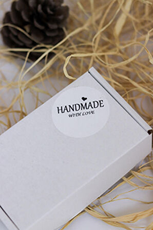 Hand Made With Love Yazılı Beyaz 50 mm Yuvarlak Yapışkanlı Sticker Etiket 100 Adet