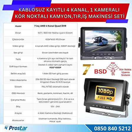 Kablosuz Kameralı 7 inç Kayıtlı Monitör Full HD BSD Kör Nokta Uyarı Sistemli Tak Kullan Kamera Seti