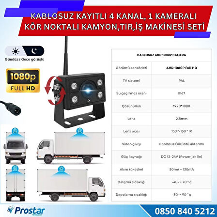 Kablosuz Kameralı 7 inç Kayıtlı Monitör Full HD BSD Kör Nokta Uyarı Sistemli Tak Kullan Kamera Seti