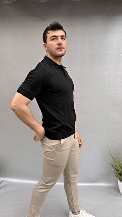 Çizgili Triko Yakalı T-shirt