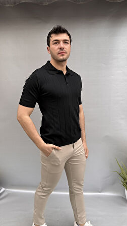 Çizgili Triko Yakalı T-shirt