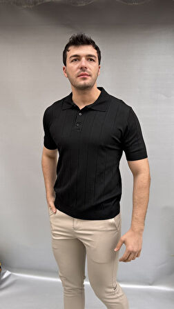 Çizgili Triko Yakalı T-shirt