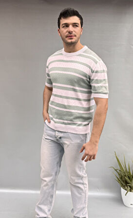 Çizgi Detay Delikli Triko T-shirt