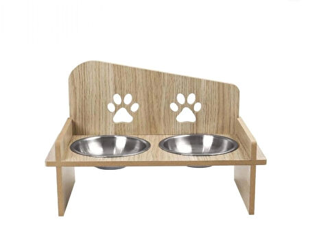 Ahşap Kedi Köpek Mama Su Kabı Standı, Metal Suluk ve Mama Kabı