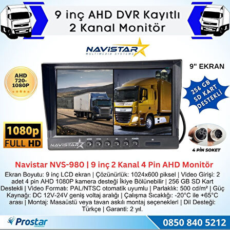 Kayıtlı 9 inç ikiye Bölen 2 Kanal Split AHD 1080P/720P destekli 4 Pin 256 GB SD Destekli Monitör