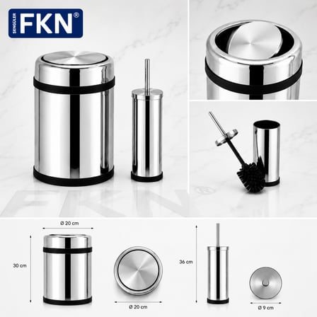 FKN Krom Banyo Çöp Kovası ve Klozet Fırçası Seti Paslanmaz Çelik 8 Litre