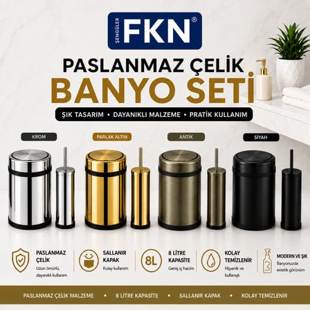FKN Krom Banyo Çöp Kovası ve Klozet Fırçası Seti Paslanmaz Çelik 8 Litre