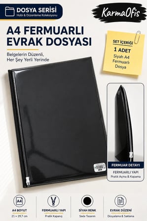 Siyah A4 Fermuarlı Evrak Dosyası Belge Doküman Saklama Dosyası Renk Seçenekli