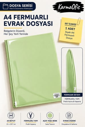 Yeşil A4 Fermuarlı Evrak Dosyası Belge Doküman Saklama Dosyası Renk Seçenekli