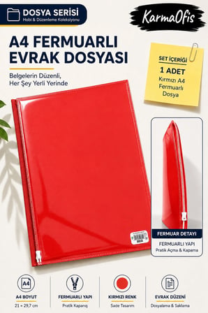 Kırmızı A4 Fermuarlı Evrak Dosyası Belge Doküman Saklama Dosyası Renk Seçenekli