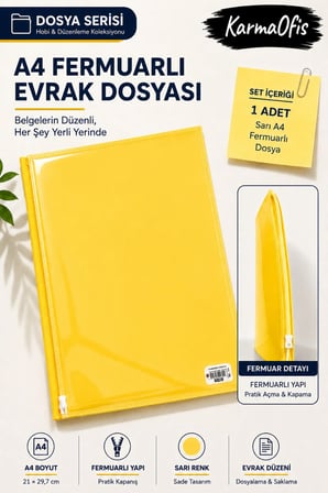 Sarı A4 Fermuarlı Evrak Dosyası Belge Doküman Saklama Dosyası Renk Seçenekli