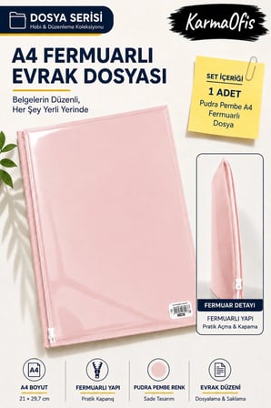 Pembe A4 Fermuarlı Evrak Dosyası Belge Doküman Saklama Dosyası Renk Seçenekli