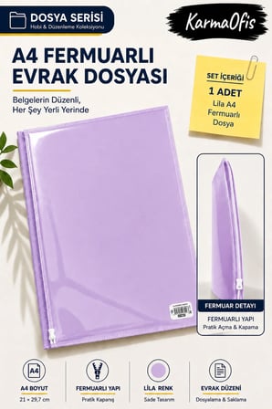 Lila A4 Fermuarlı Evrak Dosyası Belge Doküman Saklama Dosyası Renk Seçenekli
