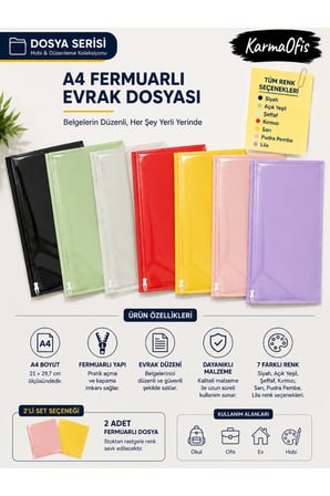 Lila A4 Fermuarlı Evrak Dosyası Belge Doküman Saklama Dosyası Renk Seçenekli