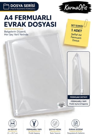 Şeffaf A4 Fermuarlı Evrak Dosyası Belge Doküman Saklama Dosyası Renk Seçenekli