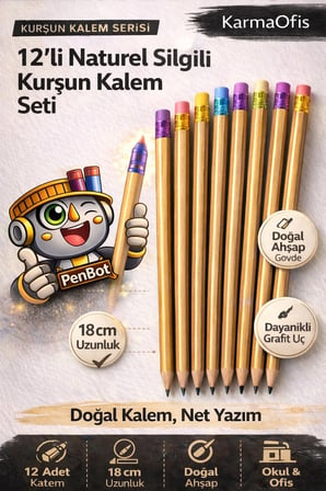 12'li Naturel Silgili Kurşun Kalem HB – 18 cm Doğal Ahşap Okul Ofis Yazı Kalemi