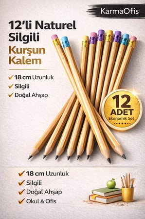 12'li Naturel Silgili Kurşun Kalem HB – 18 cm Doğal Ahşap Okul Ofis Yazı Kalemi